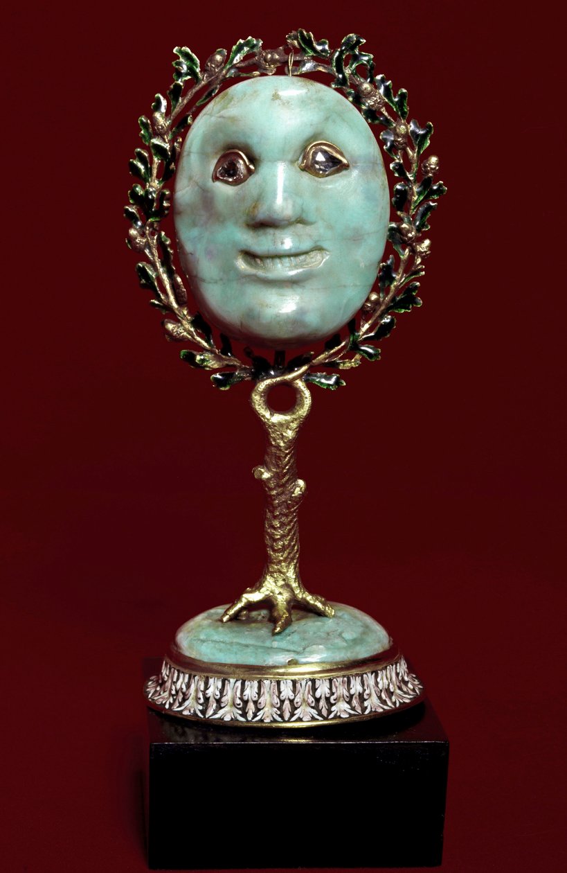 Mexikansk konst: ansiktsmask i turkos pasta med diamantögon. 1600-talets Florens, museo degli argenti av Mexican School