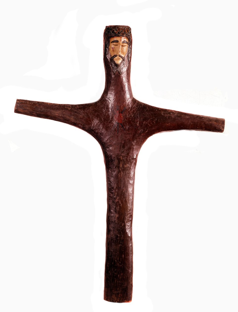 Mexikansk konst: polykromt träkors med Kristi huvud hugget i ett stycke. 1600-talets sön. 2x1,56 m Mexiko. Michoacans regionala museum av Mexican School