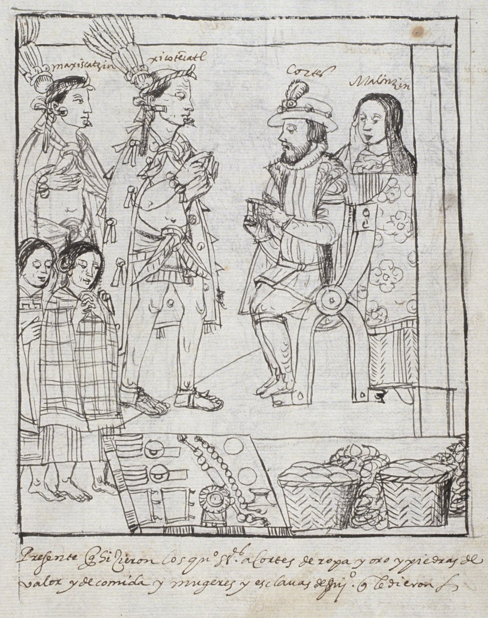Montezuma möter Cortez Ms Hunter 242 f.255r Conquest of Mexico, från Historia de Tlaxcala av Diego Munoz Camargo av Mexican School