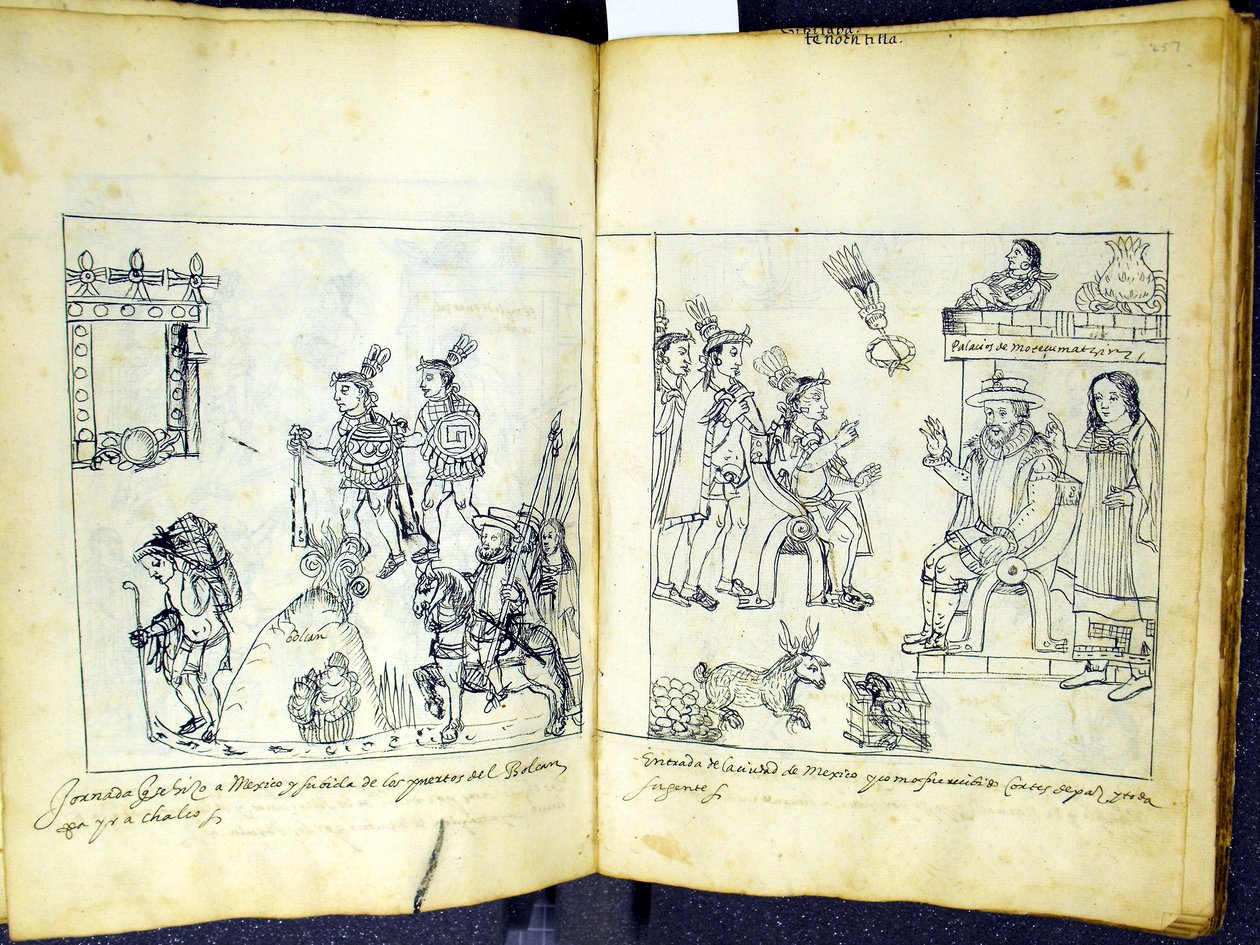 Ms Hunter 242 256v-257r Cortez och Montezuma, från Historia de Tlaxcala av Diego Munoz Camargo av Mexican School