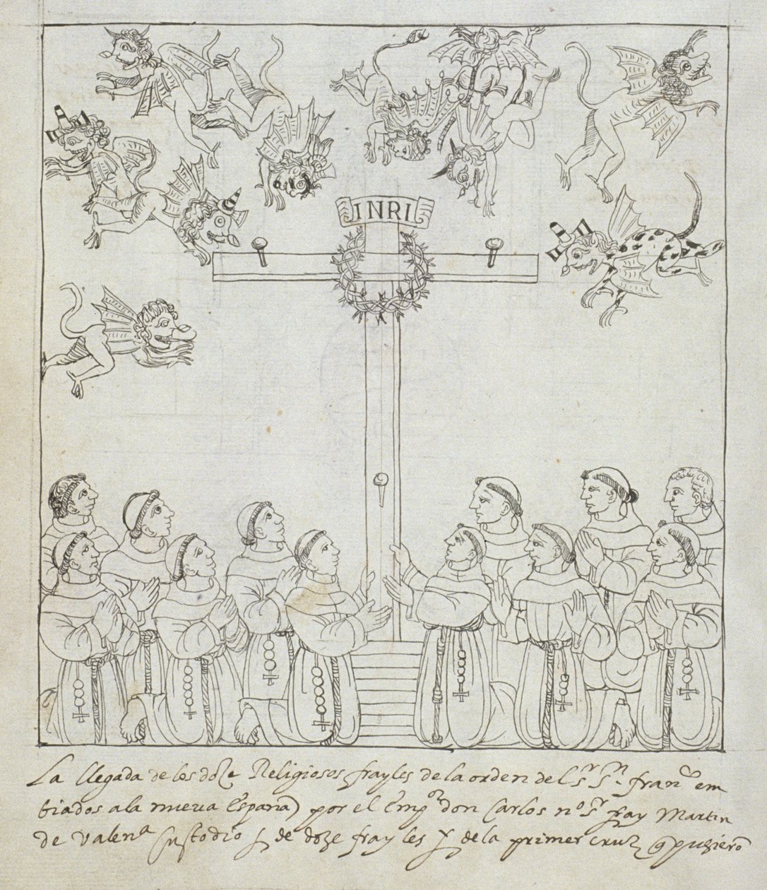 Ms Hunter 242 f.239v Uppförandet av det första korset, från Historia de Tlaxcala av Diego Munoz Camargo av Mexican School