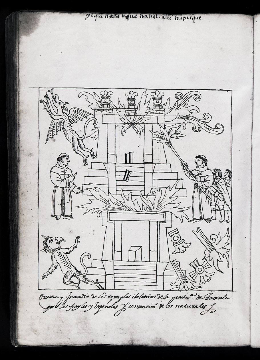 Ms Hunter 242 f.240v Franciskaner brinnande tempel, illustration från Historia de Tlaxcala av Diego Munoz Camargo av Mexican School