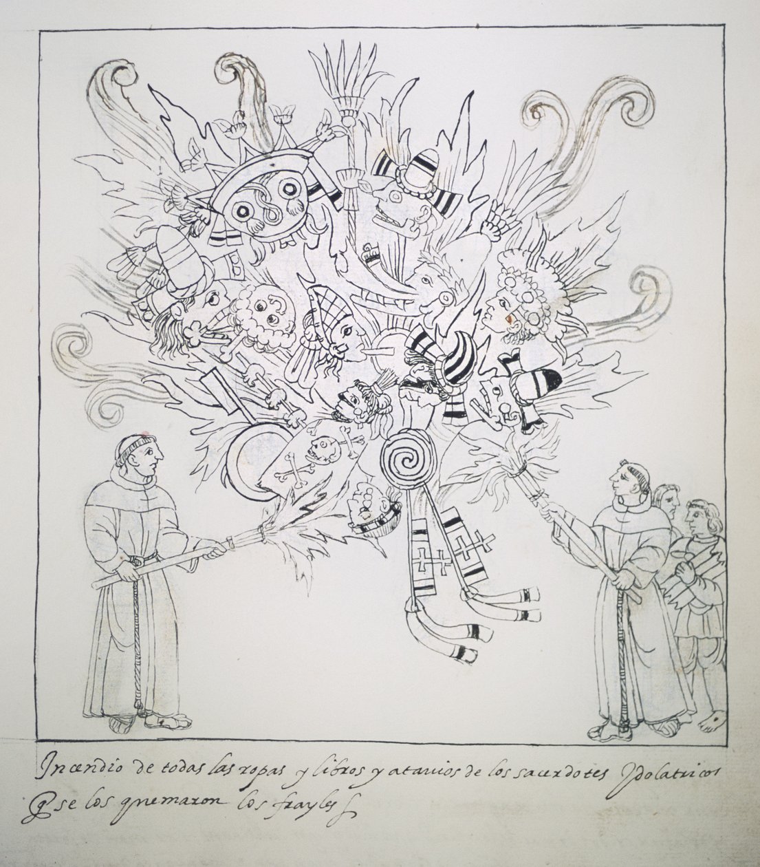 Ms Hunter 242 f.242r Franciskanerbröder som bränner traditionella böcker och kläder, från Historia de Tlaxcala av Diego Munoz Camargo av Mexican School