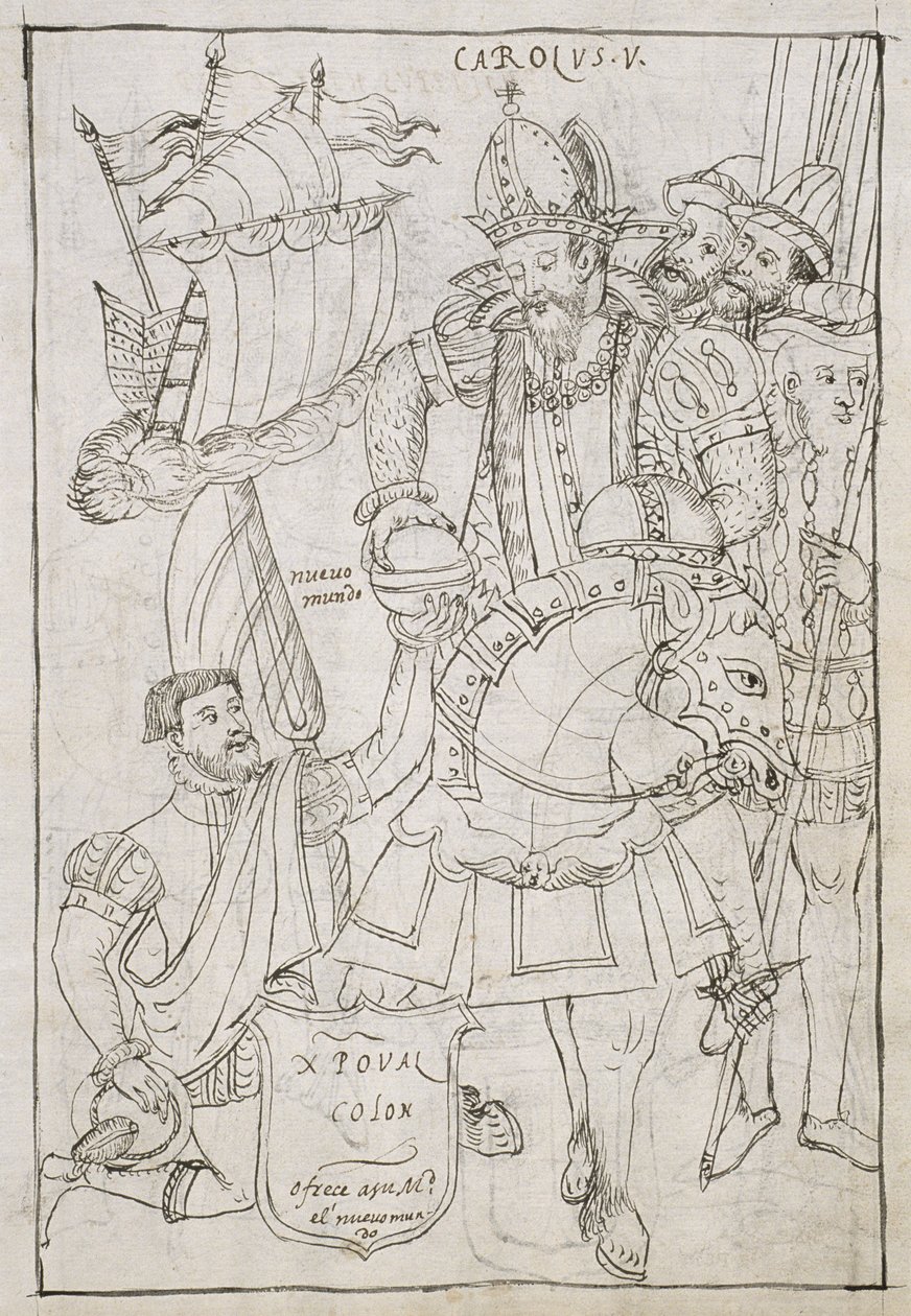 Ms Hunter 242 f.249r Christopher Columbus (1451-1506) erbjuder symboliskt den nya världen till Charles V (1500-08), från Historia de Tlaxcala av Diego Munoz Camargo av Mexican School