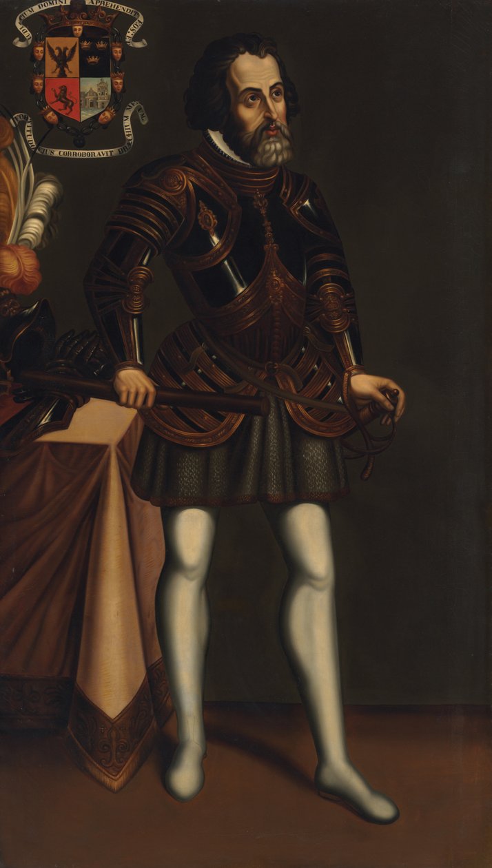 Porträtt av Hernan Cortes av Mexican School