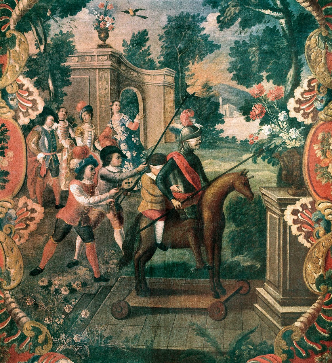 Scen tagen från "Don Quijote of the Channel" (Den geniale gentlemannen Don Quijote från La Mancha) av Miguel de Cervantes Saavedra (1547-1616) av Mexican School