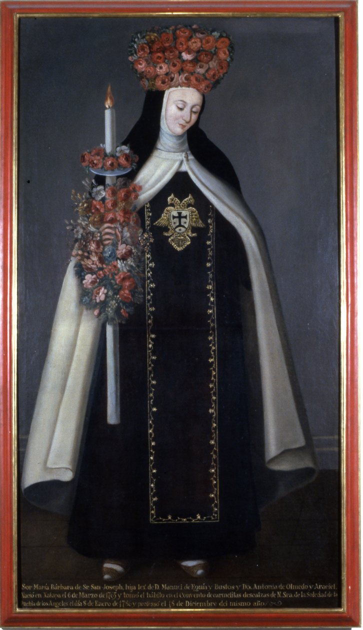 Syster Maria Barbara de St. Joseph krönt med blommor, Karmelitklostret, Puebla, Mexiko av Mexican School