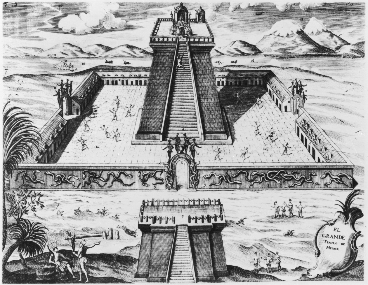 Templo Mayor i Tenochtitlan, från "Historia de Nueva Espana", 1770 av Mexican School