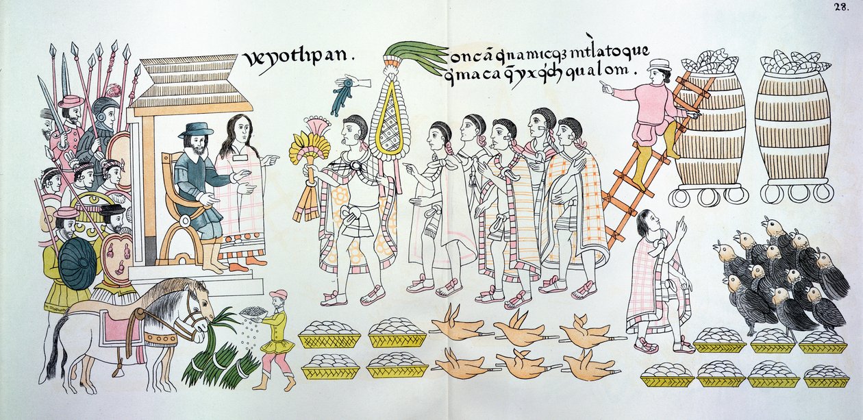 Tlaxcalans hövding, Maxixcatzin, överlämnar en bukett rosor och andra gåvor till Hernando Cortes (1485-1547) som välkomstbetyg, illustration från en faksimil av en mexikansk indisk bildhistoria av Mexican School