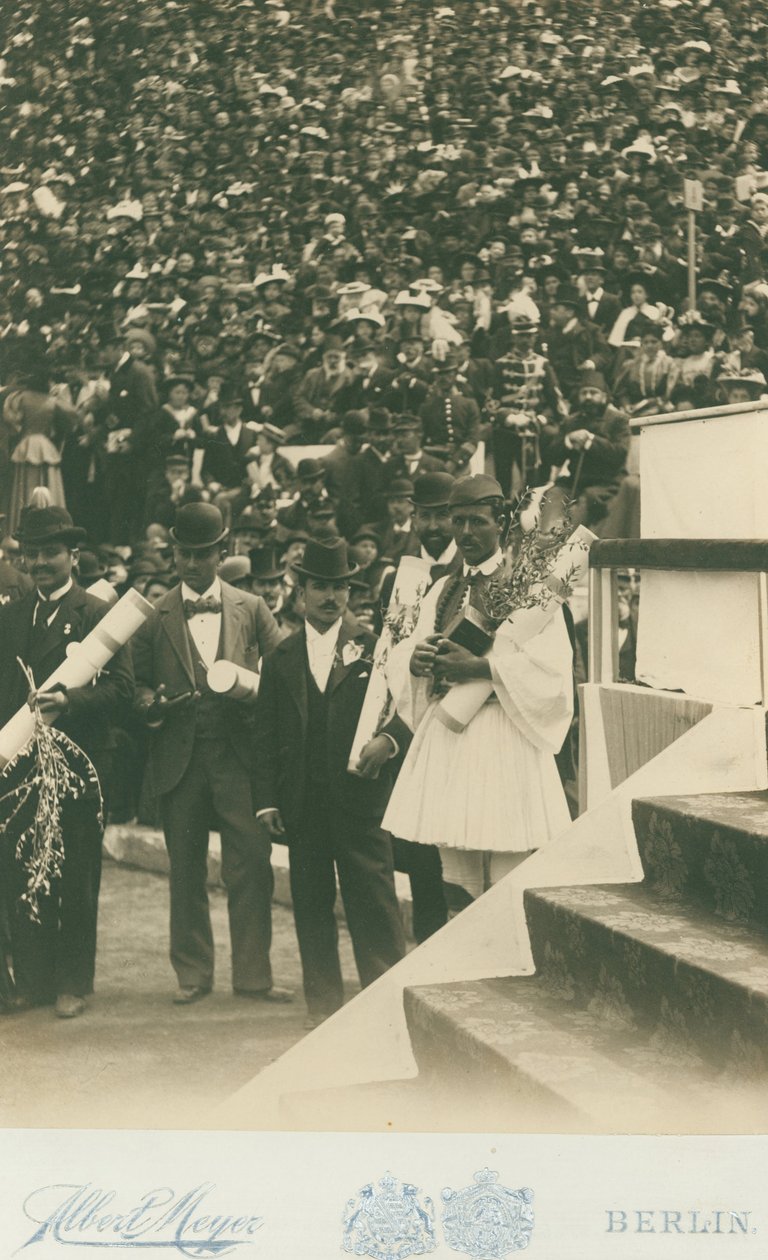 Olympic Games, 1896; Spyros Louis being photographed along with other Olympic victors during the med... av Meyer Albert