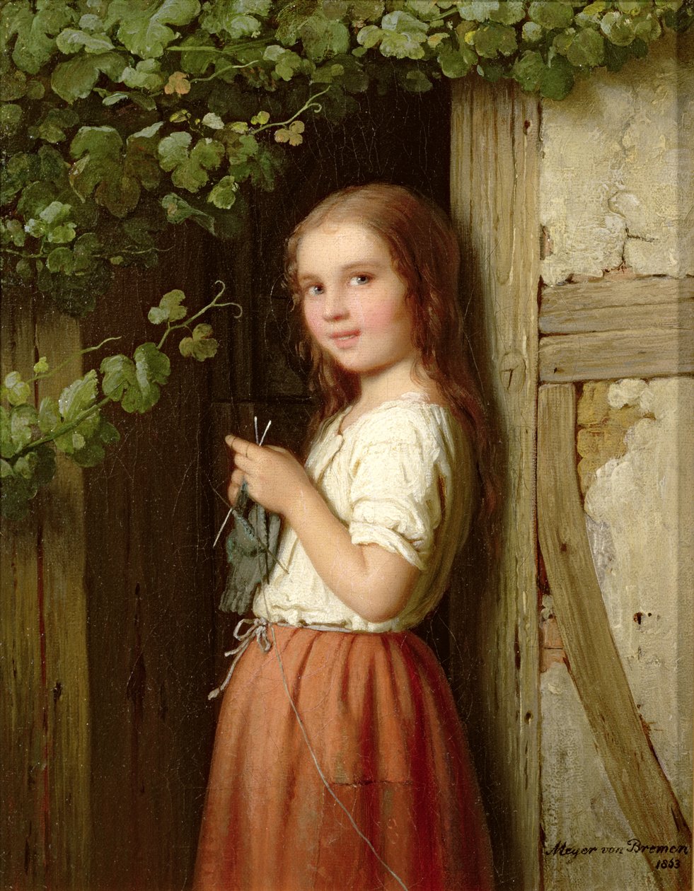 Ung pige, der står i en døråbning, strikker, 1863 swed av Johann Georg Meyer von Bremen