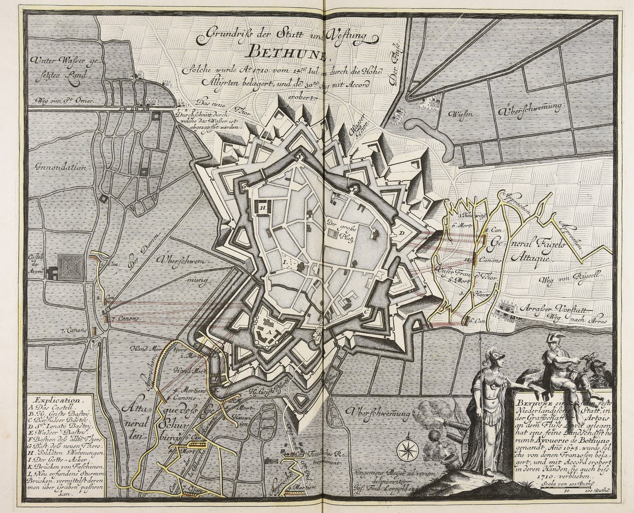 Planritning över staden och fästningen Bethune, som belägrades av de högallierade från den 14 juli 1710. Iul. av de höga All¨yrten och erövrades den 30 augusti. Aug. med Accord erövrades / Ingenjör Meyer ad vivum delineavit. av Meyer