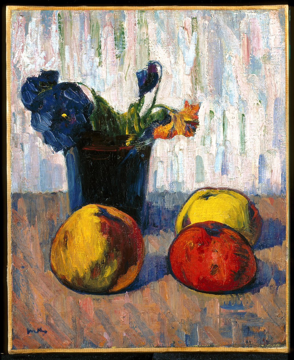 Stilleben med äpplen och vas med blommor (olja på duk) av Meyer Isaac de Haan