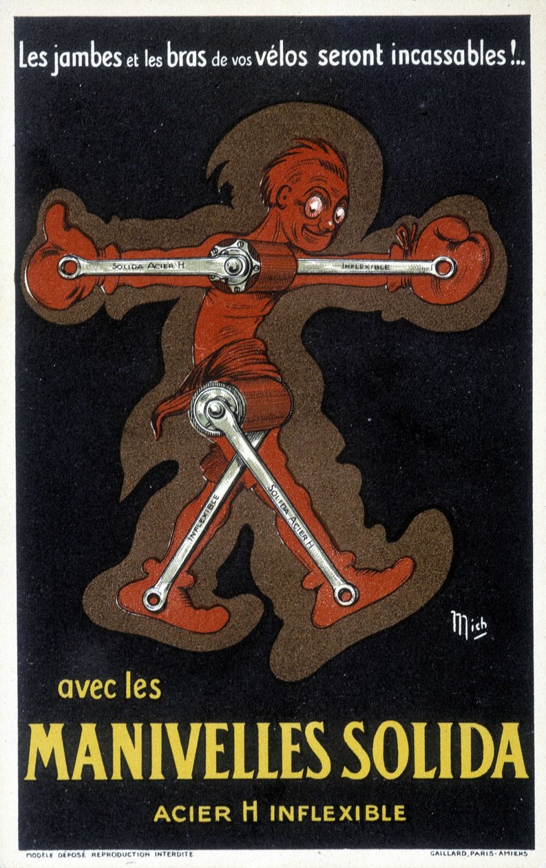 Reklam för Velo-vevar av massivt stål. Teckning av Mich (Michel Liebeaux av Mich