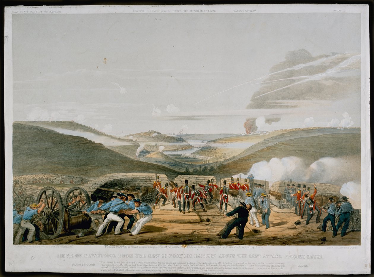 Belägringen av Sevastopol från 32-pundsbatteriet ovanför Left Attack Picquet House, graverad av Walker, publicerad 1854 av Michael Biddulph