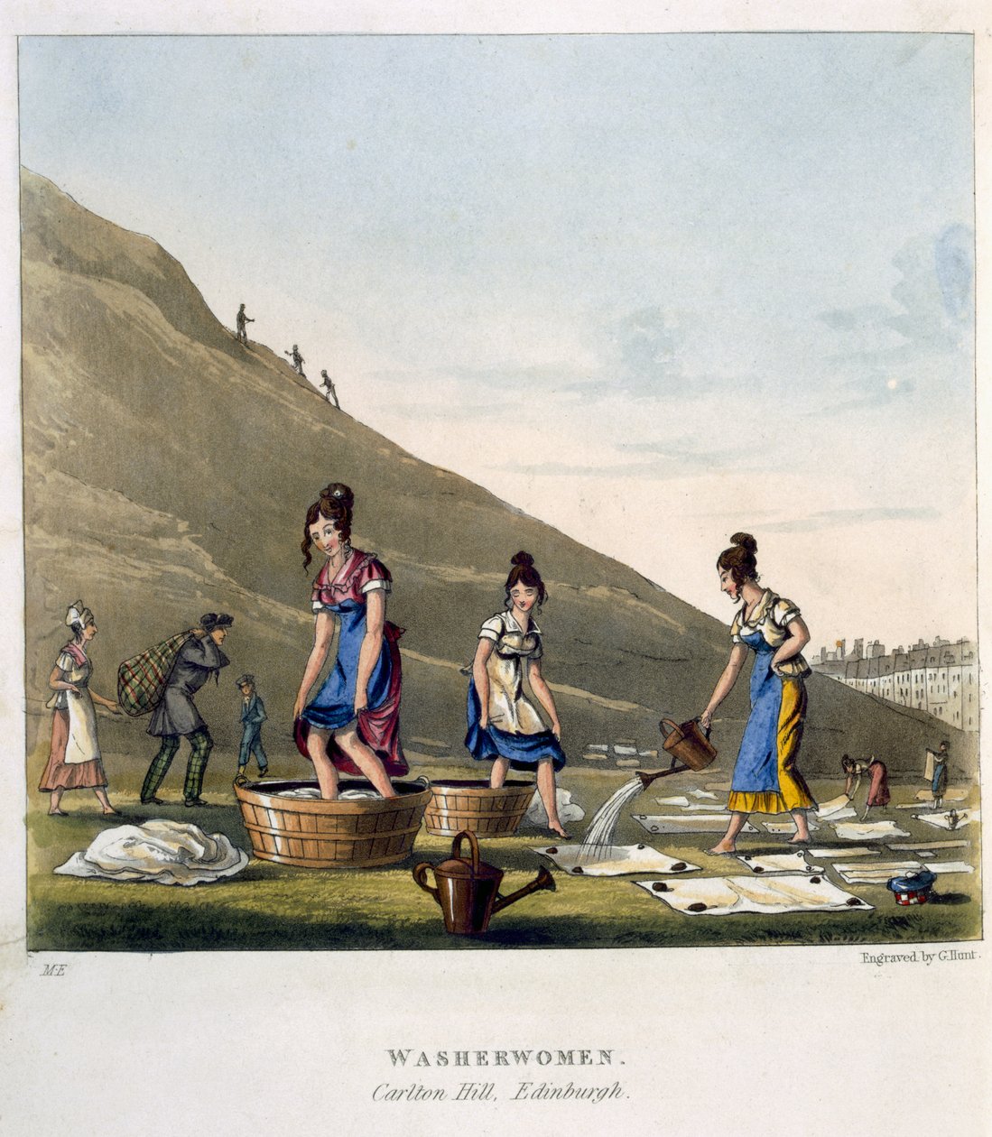 Washerwomen, Calton Hill, Edinburgh, från "Airy Nothings, or scraps and naughts and odd-cum-shorts, in a circumbendibus hop, step and jump, by Olio Rigmaroll", graverad av George Hunt, publicerad 1825 av Michael Egerton