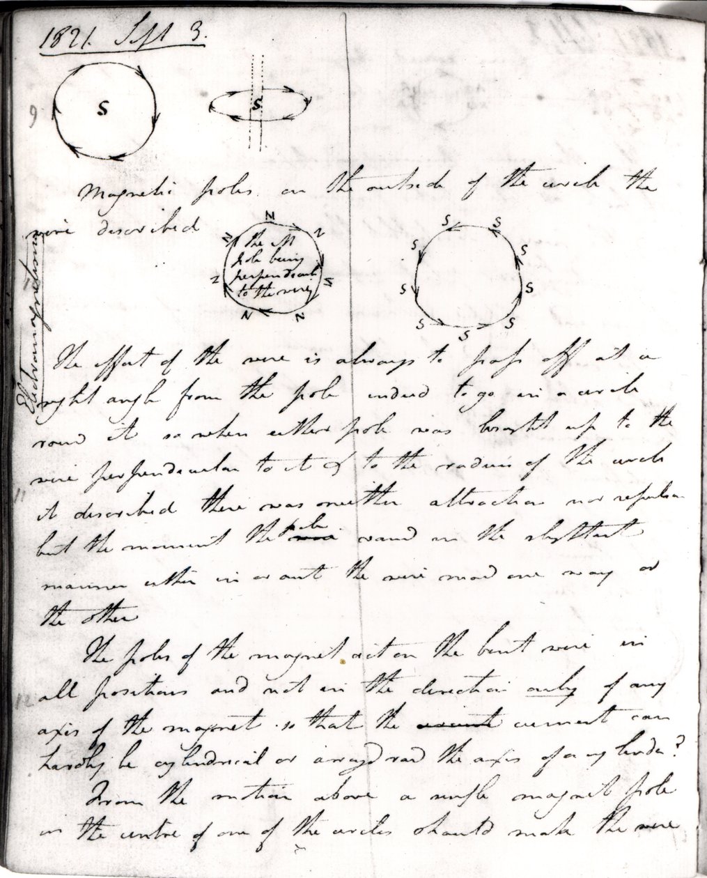 Sida 74 från Faradays anteckningsbok, om "Rotation of Current Experiment", 3 september 1821. av Michael Faraday