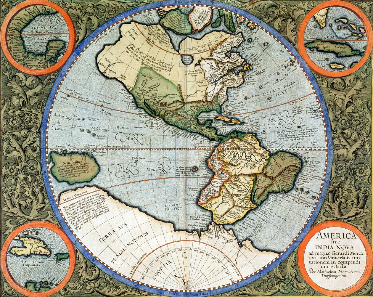 America sive India Nova, ur "Atlas cosmographicae meditationes de fabrica mundi et fabricati figura", publicerad 1595. av Michael Mercator