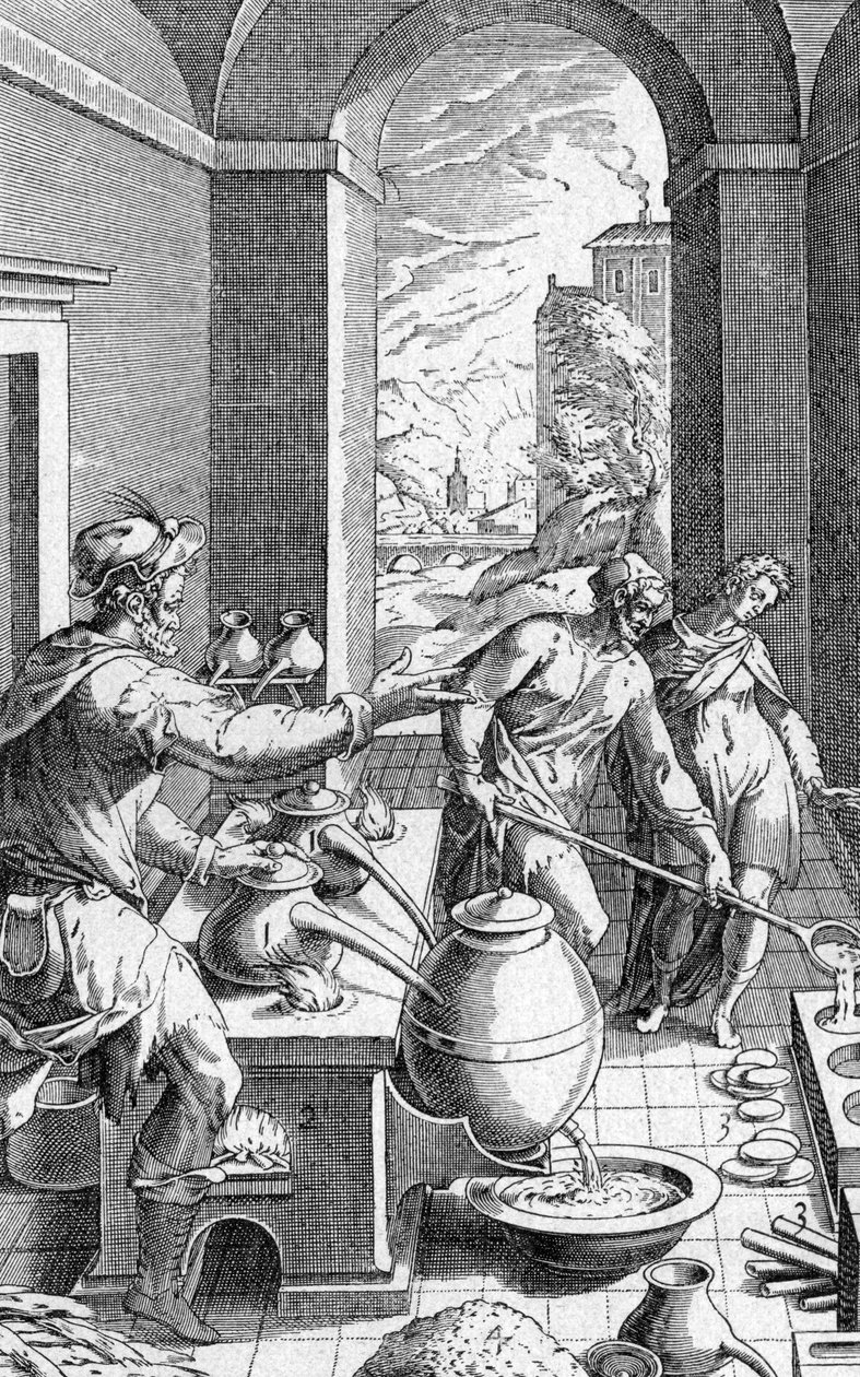 En alkemist i sin verkstad, gravyr från Metallotheca av Michele Mercati (1541-1593) pub. 1719 av Michael Mercator