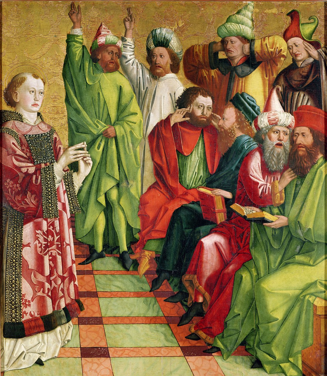 Mtakatifu Stefano mbele ya Waamuzi, kutoka Madhabahu ya Mtakatifu Stefano, c.1470 swed. av Michael Pacher
