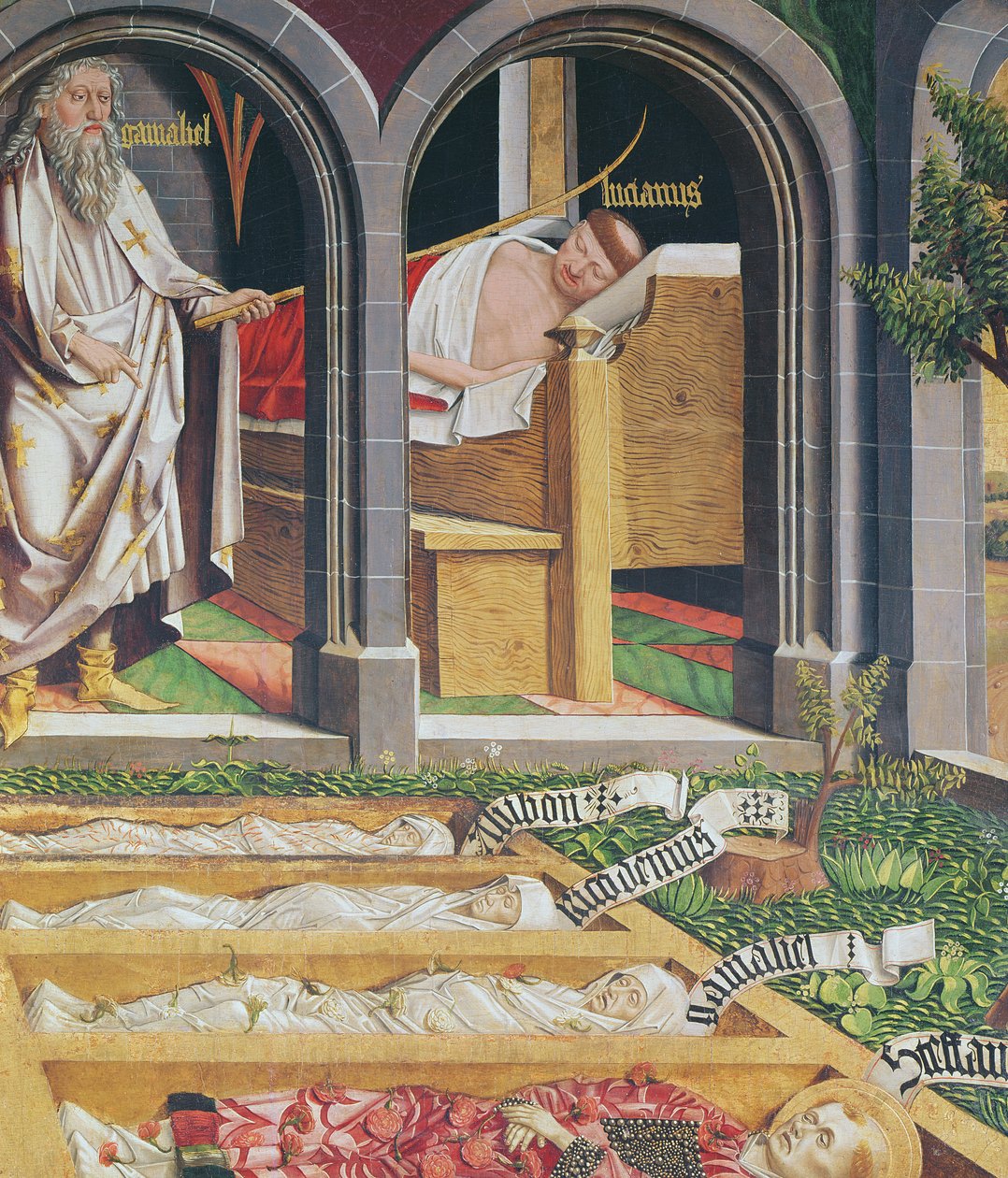 Uppenbarelsen av Gamaliel för prästen, Lucien, från St. Stefans altartavla, ca 1470 av Michael Pacher