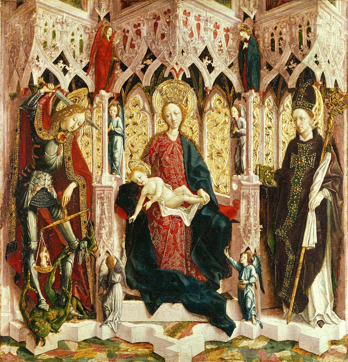 The Virgin and Child Enthroned, c.1475 (olja på silvergran) av Michael Pacher