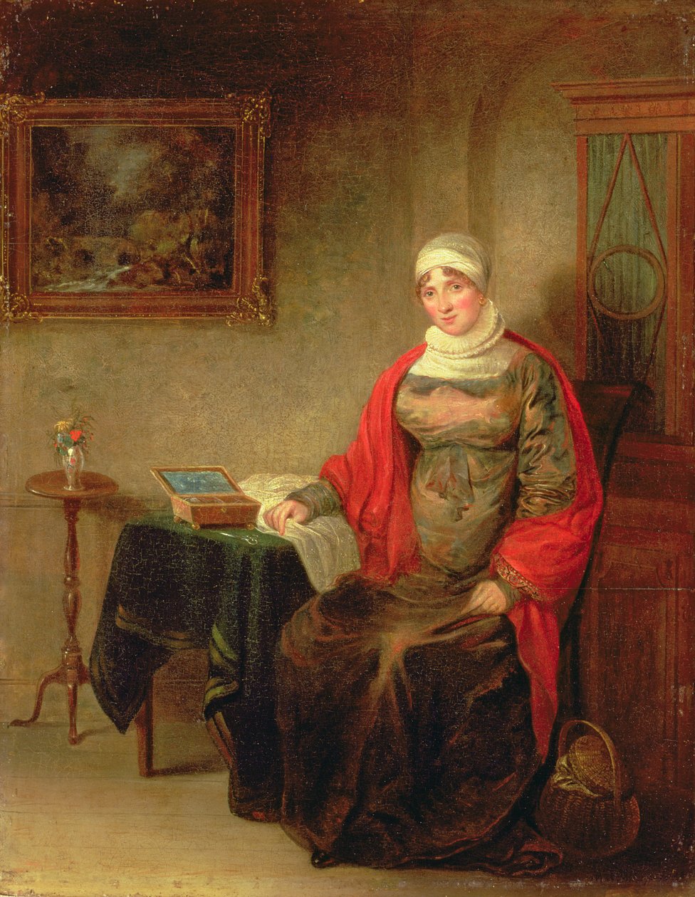 Porträtt av Mrs John Crome sittande vid ett bord vid en öppen arbetslåda av Michael William Sharp