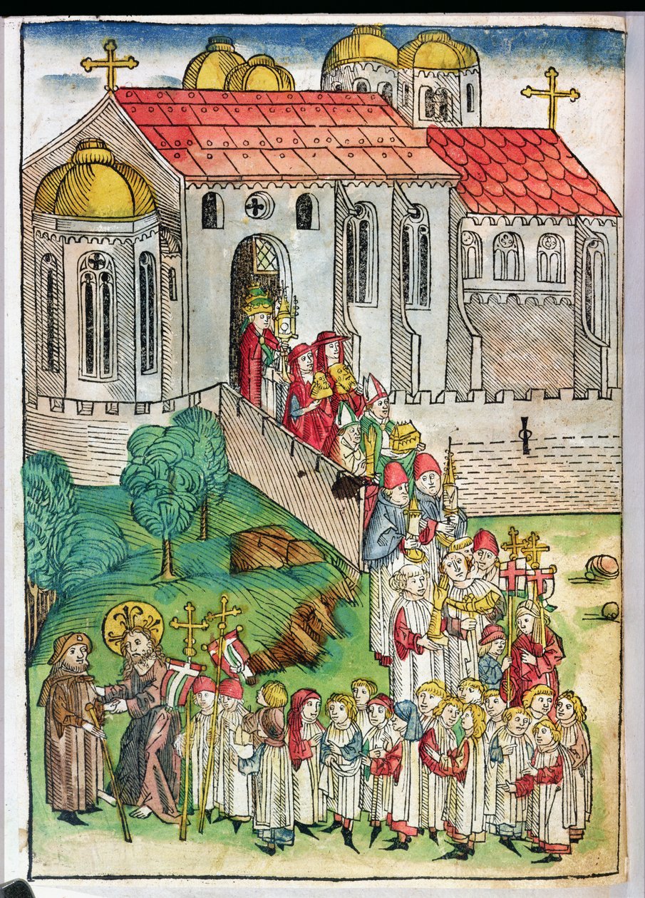 Pilgrim från Santiago de Compostela och procession, 1491 (färgsnitt) av Michael Wolgemut