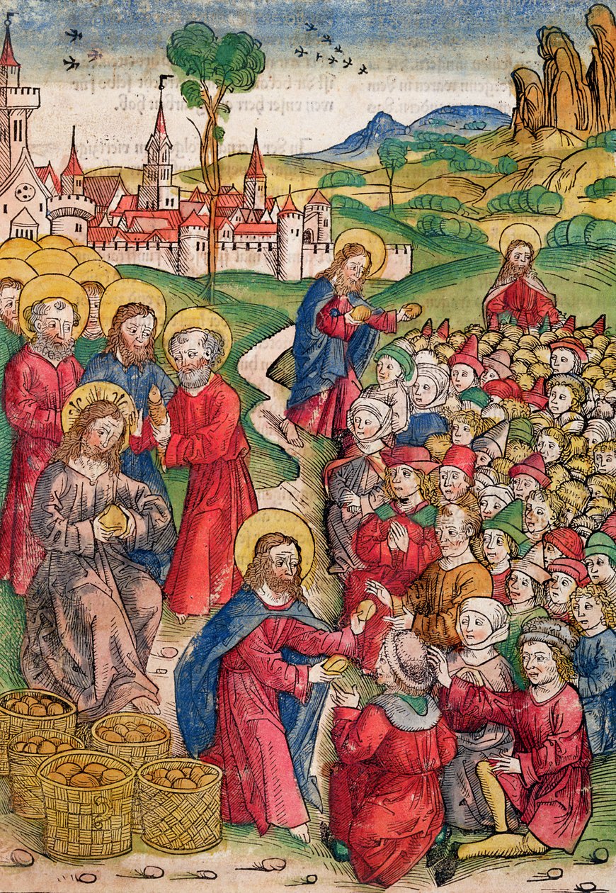 The Multiplication of Loaves and Fishes, 1491 (träsnitt i färg) av Michael Wolgemut
