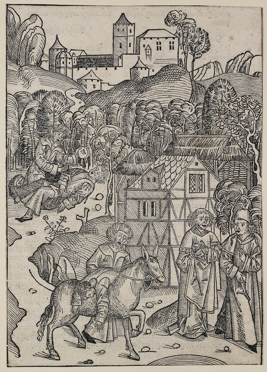Den andra delen av liknelsen om den barmhärtige samariten, ca. 1491 (träsnitt, överarbetat med röd akvarell, boktryck tergo) av Michael Wolgemut