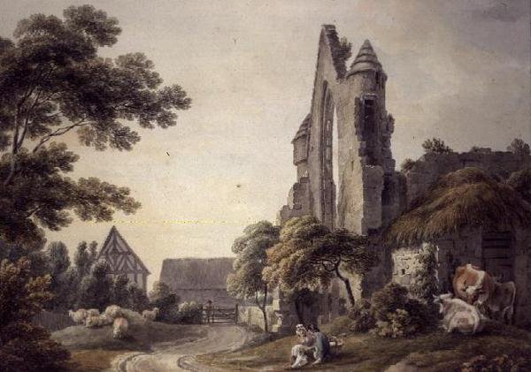 Ett förstört kloster nära en bondgård (akvarell) av Michael Rooker