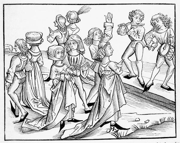 Dansare på julnatten straffade för sin ogudaktighet, efter ett träsnitt från "Liber Chronicarum Mundi", publicerad Nürnburg av Michael (after) Wolgemut or Wolgemuth