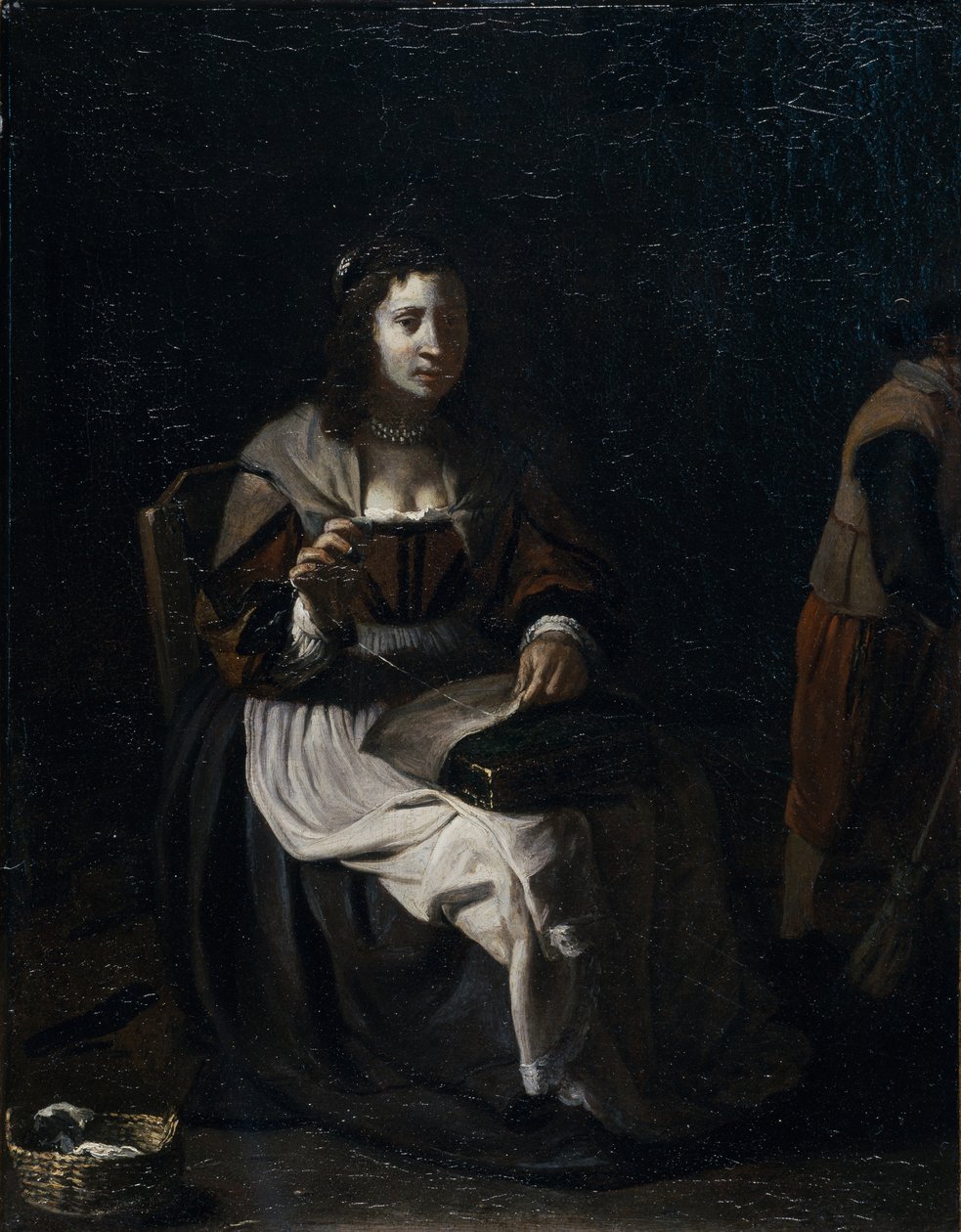 En kvinna som syr (olja på duk) av Michael (attr. to) Sweerts