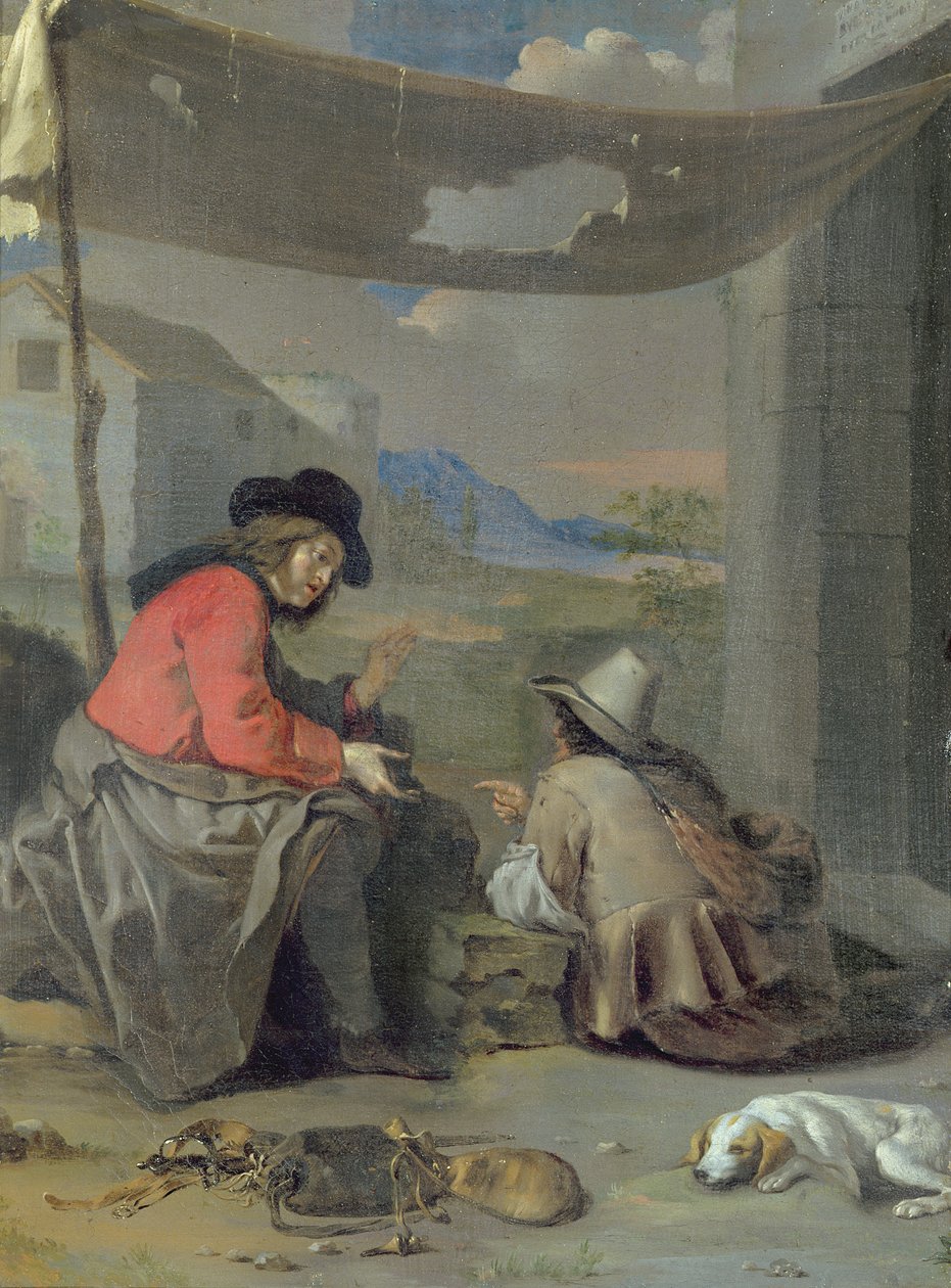 Två figurer som sitter med en hund (olja ombord) av Michael (attr. to) Sweerts