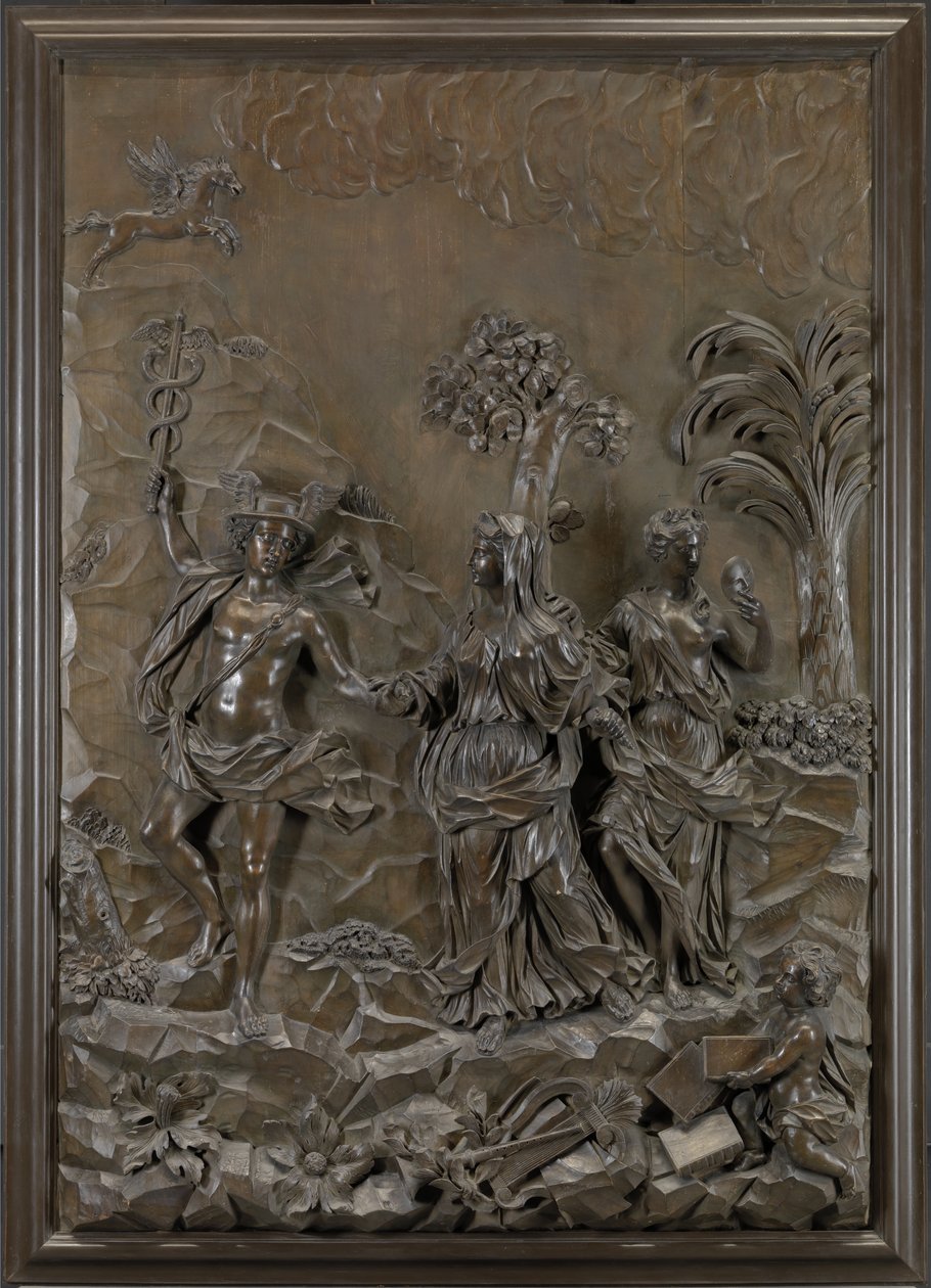 The Stowe Reliefs: Mercury Conducting Tragic and Comic Poetry to the Hill of Parnassus, c.1740 (bronsed limewood) av Michael (attr.to) Chuke