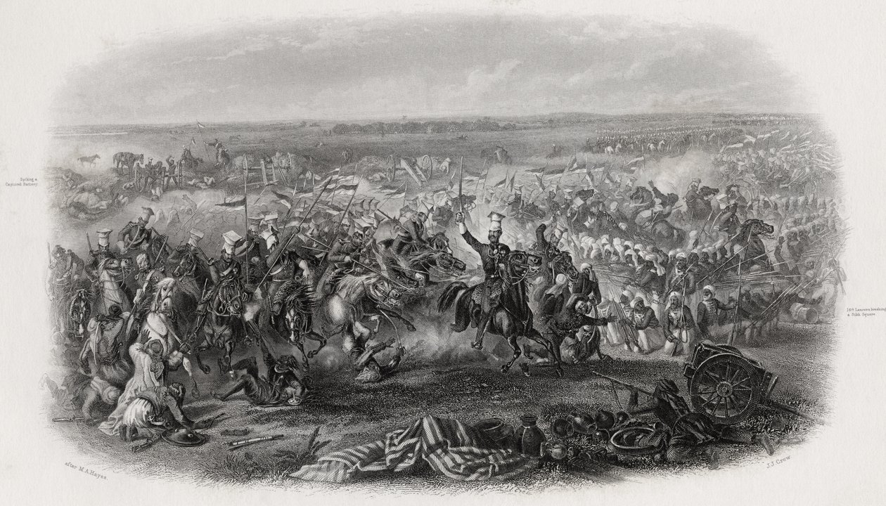 Slaget vid Aliwal, Indien, 28 januari 1846, graverat av J.J. Besättning av Michael Angelo Hayes
