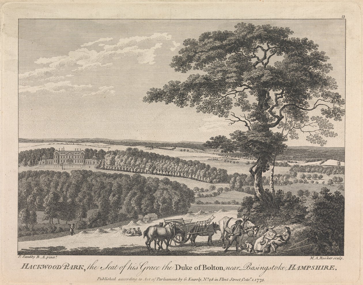 Hackwood Park, säte för hans nåd hertigen av Bolton nära Basingstoke, Hampshire (utgiven av G. Kearsly); sida 19 (volym två) av Michael Angelo Rooker