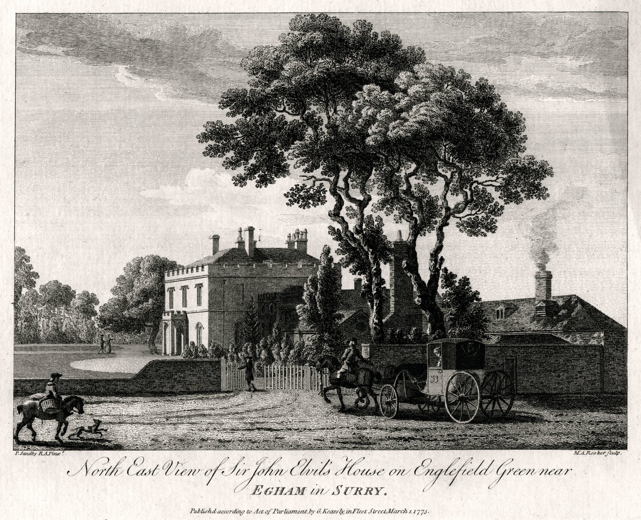 North East View of Sir John Elvils House på Englefield Green nära Egham i Surry, 1775 av Michael Angelo Rooker
