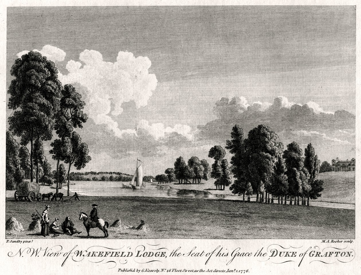 Nordvästlig utsikt över Wakefield Lodge, sätet för hans nåd, hertigen av Grafton, 1776 av Michael Angelo Rooker