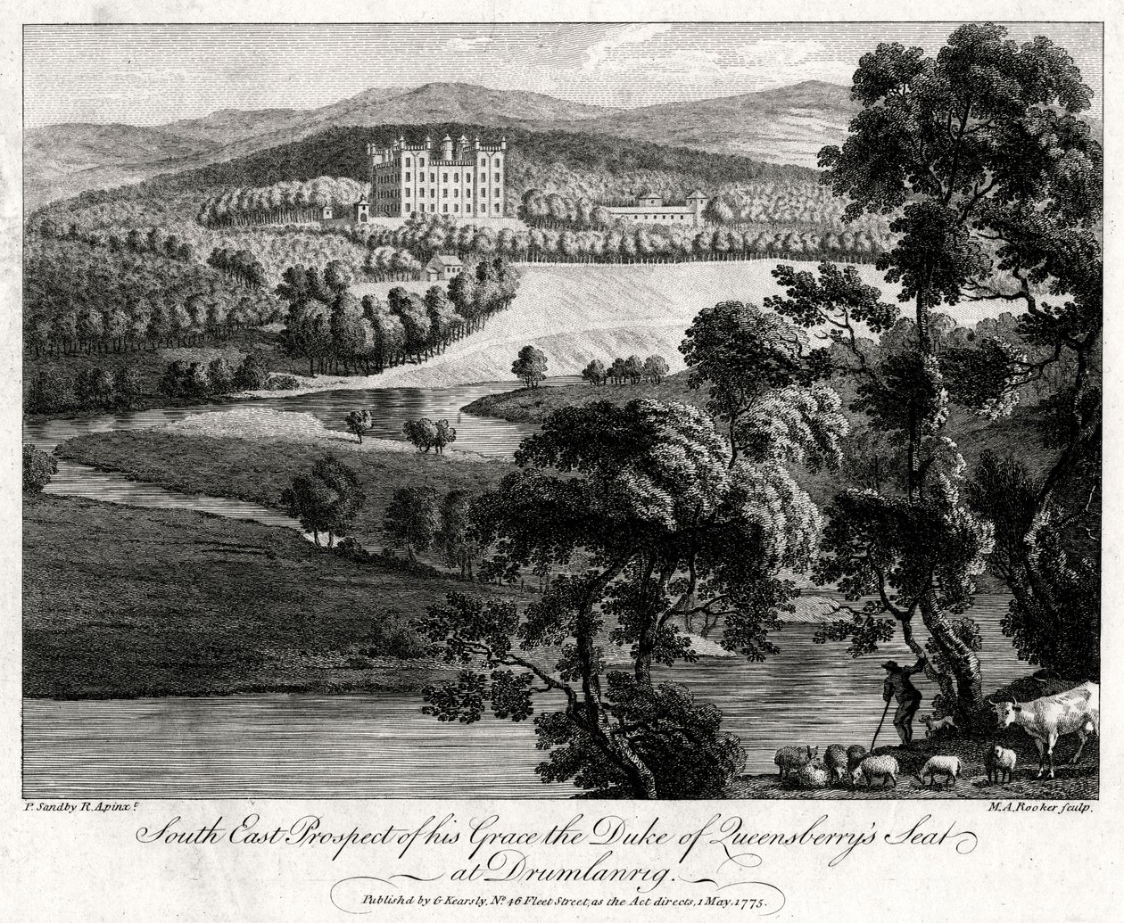 South East Prospect of his Grace the Duke of Queensberrys säte i Drumlanrig, Skottland, 1775 av Michael Angelo Rooker