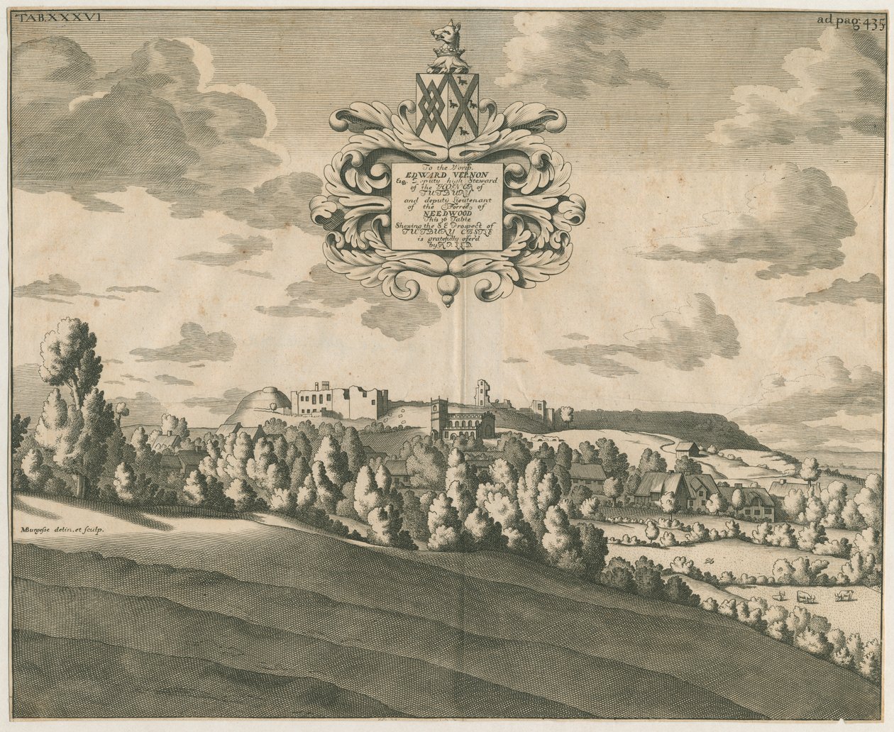 Tutbury Castle - Avlägsen vy: kopparplåtgravyr, nd [c 1686] av Michael Burghers