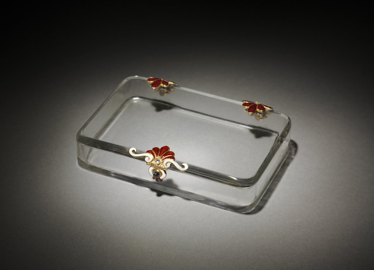 Cigarettfodral, House of Fabergé, ca 1895-1910 (bergkristall, emalj, guld, safir, diamant) av Michael Evlampievich Perkhin