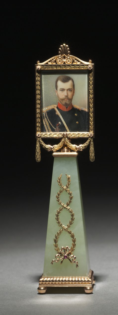 Inramad miniatyr: Porträtt av tsar Nicholas II, firma Peter Carl Fabergé (1846-1920), miniatyr målad av Johannes Zehngraf (1857-1908), före 1896 (guld, jade, rubiner, gouache, elfenben, glas) (se även 499673) & 499674) av Michael Evlampievich Perkhin