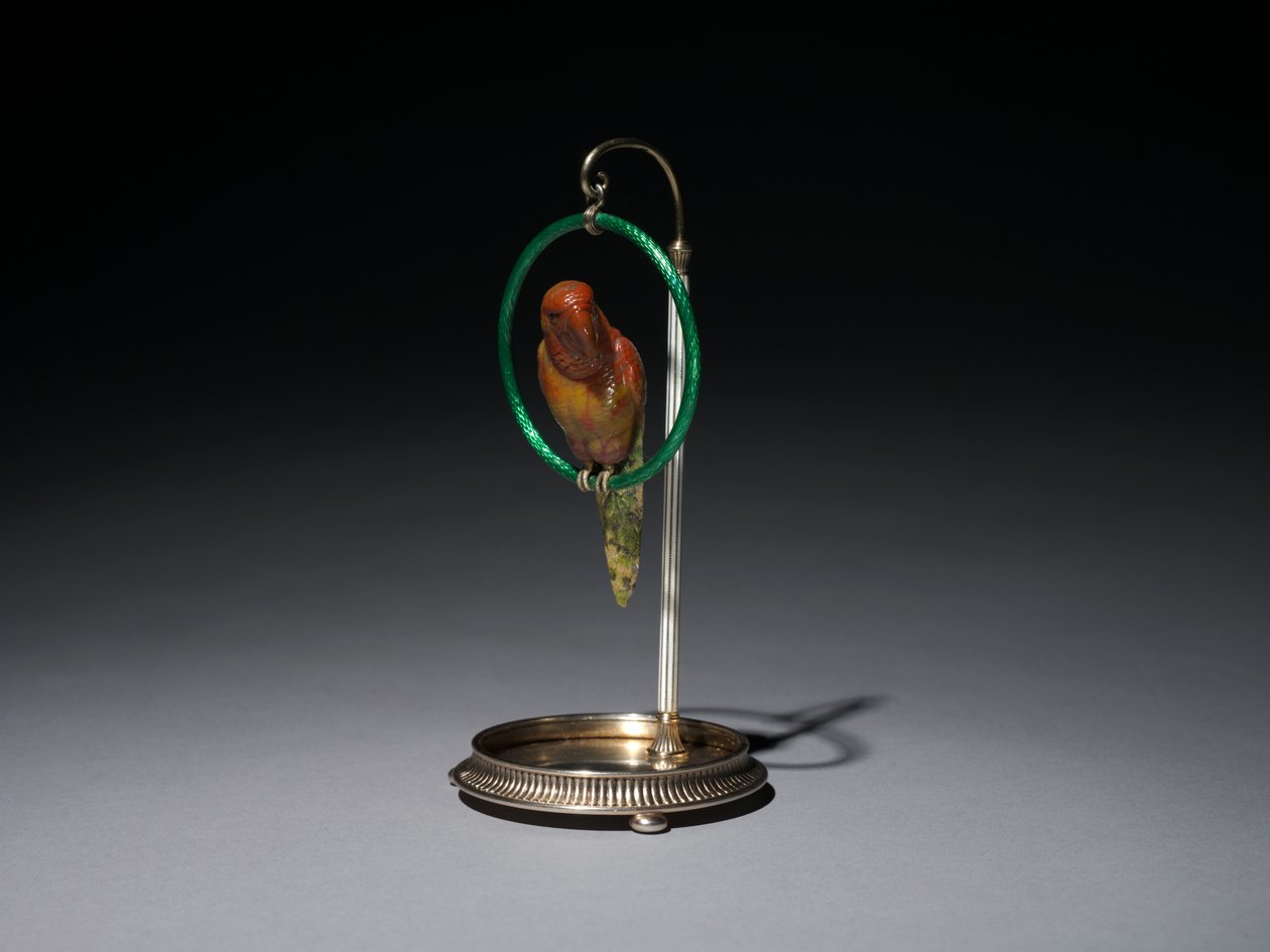 Papegoja på en abborre (Parrot), firma av Peter Carl Fabergé (1846-1920) av Michael Evlampievich Perkhin