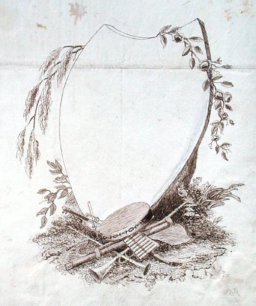 Hjärtformad sköld med instrument från Michael Faradays klippbok (penna och bläck på papper) av Michael Faraday
