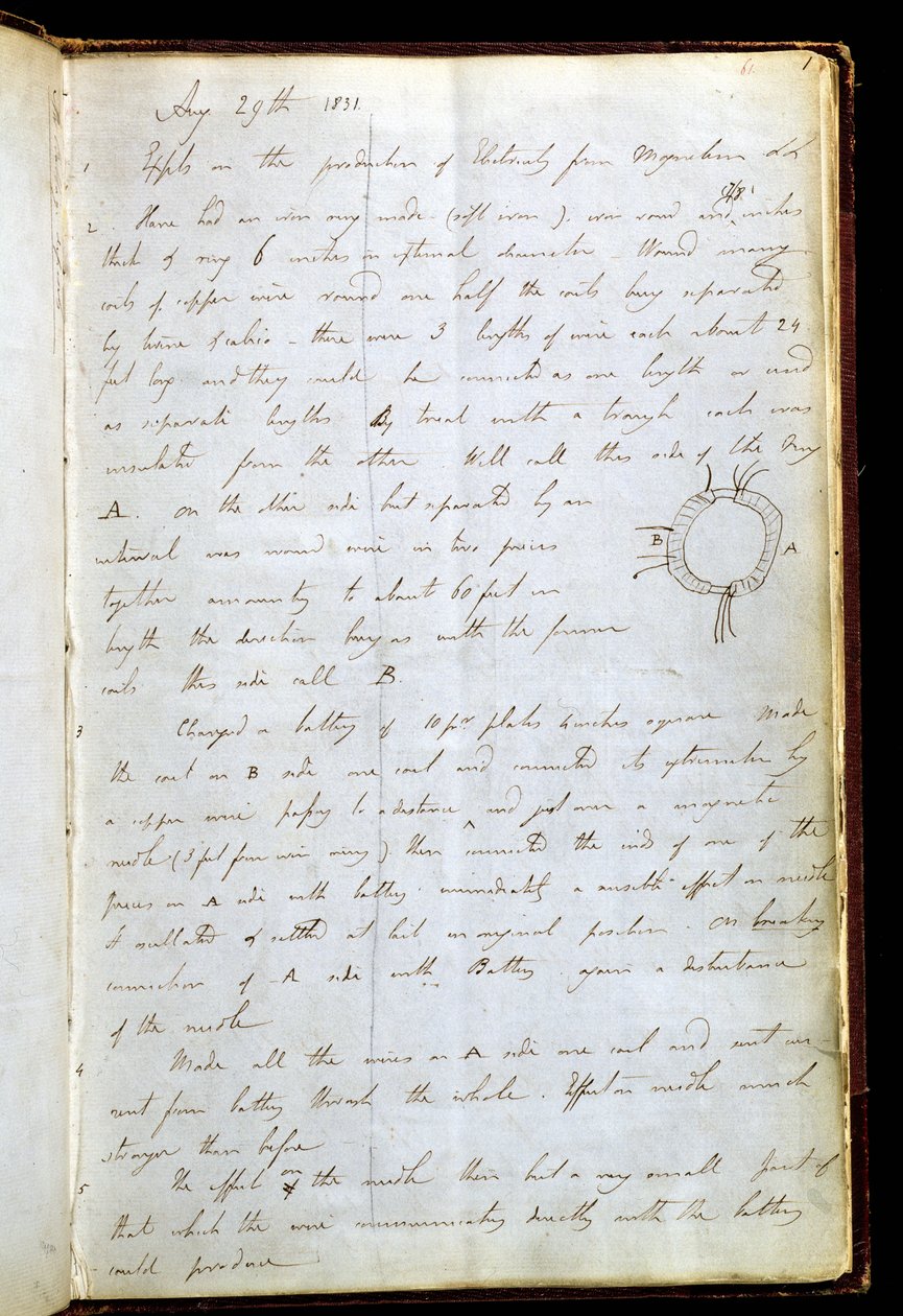 Sida ur Michael Faradays dagbok där han antecknade sin upptäckt av elektromagnetisk induktion, 29 augusti 1831 (penna och bläck på papper) av Michael Faraday