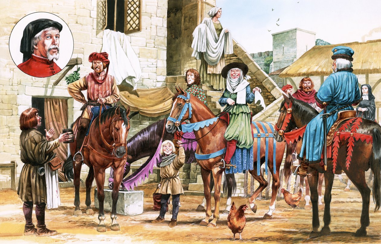Canterbury Tales. Pilgrimer ger sig av från Tabard Inn. av Michael Godfrey