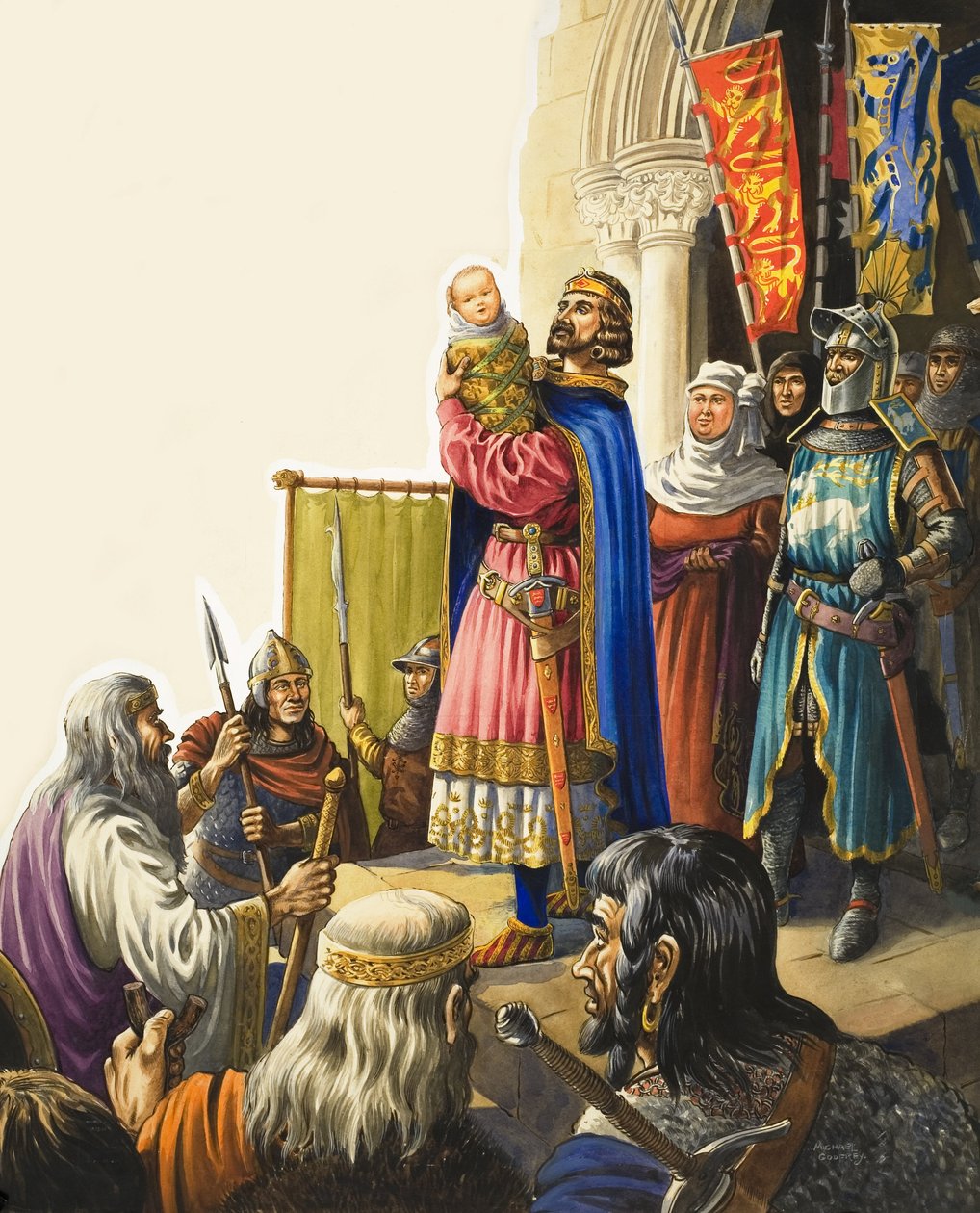Kung Edward I (1239-1307) presenterar sin lille son (gouache på papper) av Michael Godfrey