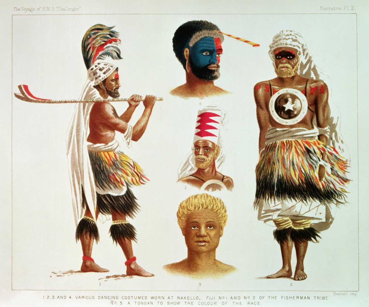 Olika dansdräkter som bärs i Nakello, Fiji, illustration från 