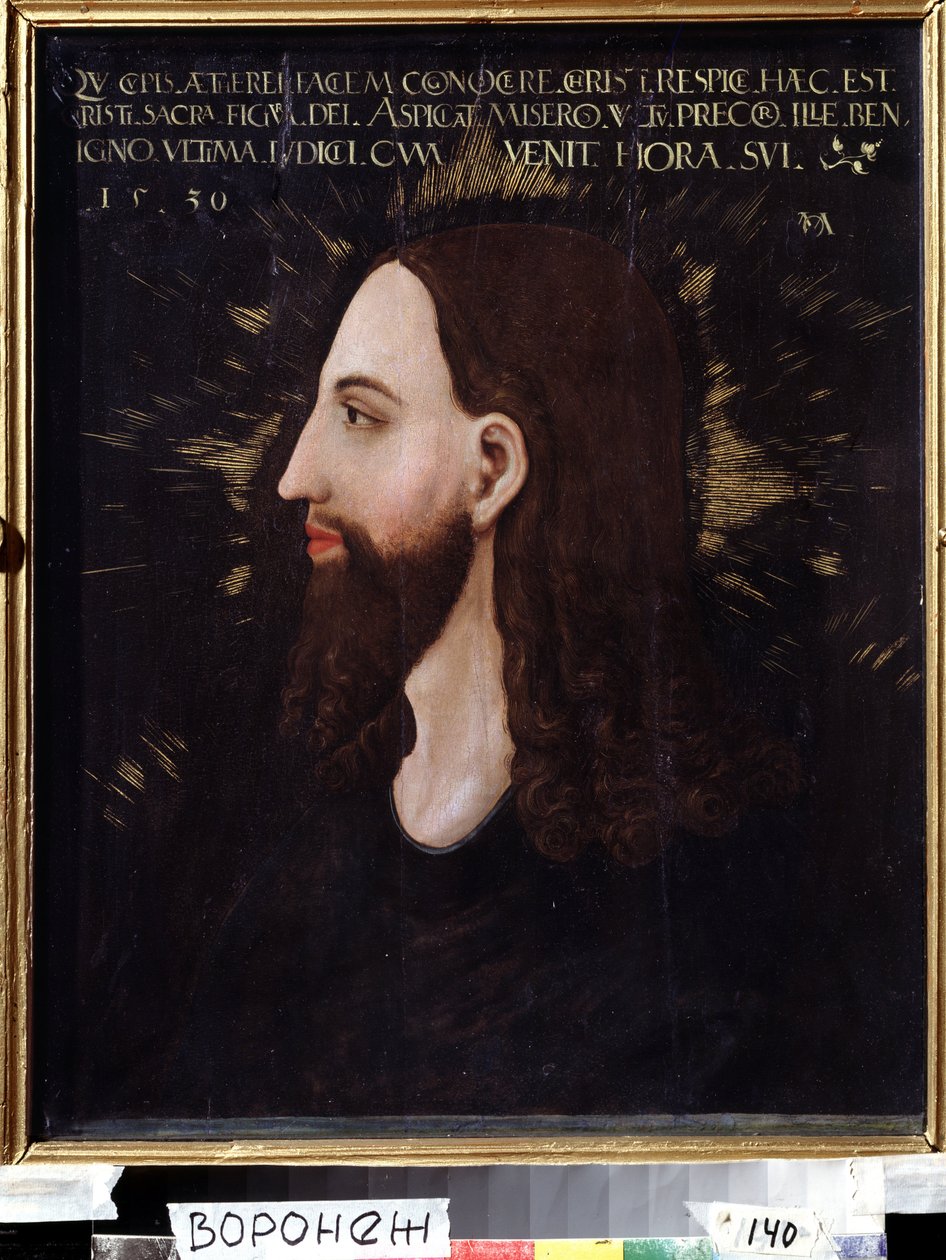 Porträtt av Kristus. Profil av Jesu Kristi ansikte omgiven av en lysande aureol. Målning av Michael Ostendorfer av Michael Ostendorfer